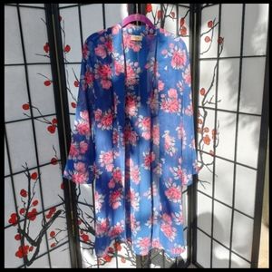Jorja Blue Floral Coverup Cape with Hot Pink Flowers